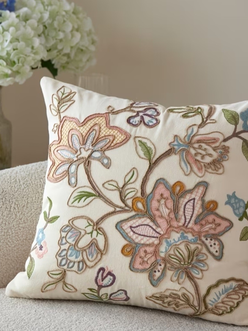 Embroidered Floral Accent Pillow in Cream with Pastel Blooms